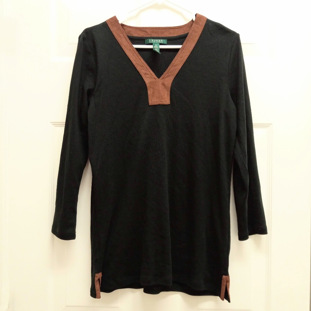 Lauren Ralph Lauren Tunic Top Medium Black Faux Suede Trim V Neck Preppy Classic